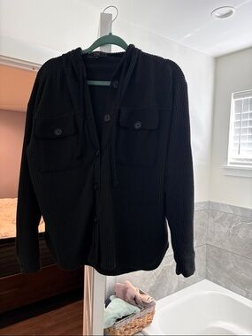 Vibe Black Ribbed Hooded Shirt-Jacket with Flap Pockets